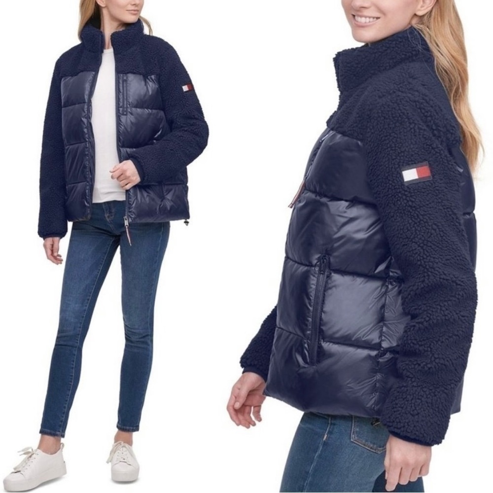 Women’s TOMMY HILFIGER Mixed Media Navy Blue Sherpa Puffer Jacket Coat - Picture 1 of 10